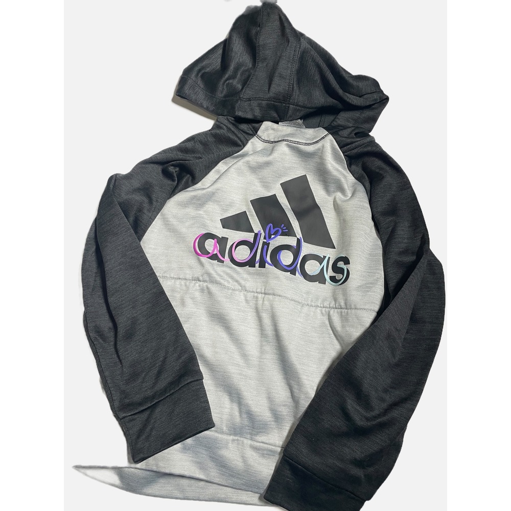 Adidas Hoodie Kids 6 Gray Colorblock Heart Logo Pullover Activewear Sweatshirt